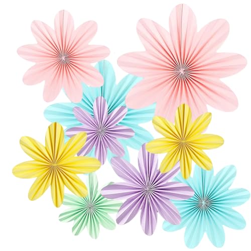 Paper Flowers Decorations, 9-Piece Set with Hanging String, 7.5cm, 5.5cm, 4.5cm Paper Fan Decorations for Classroom, Party, Home