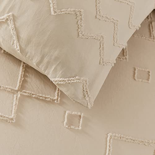 Khaki Tufted Comforter Set Queen Size (90×90 Inches), Boho Shabby Chic Comforter Geometry Embroidery Bedding Set 3 Pieces (1 Comforter + 2 Pillowcases), Soft Microfiber Comforter For All Seasons #TOP5