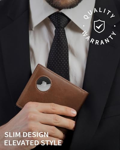 Image of AirTag Wallet for Men Genuine Leather Bifold Wallet with AirTag Holder RFID Blocking Wallet With 2 ID Window and 12 Cards Holders Gift Box (Airtag Not included) (Caramel Brown)