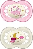 Contenido y detalles: chupete de látex MAM Night en un juego de 2 chupetes luminosos con caja de esterilización y almacenamiento, sin BPA, referencia 6651272220