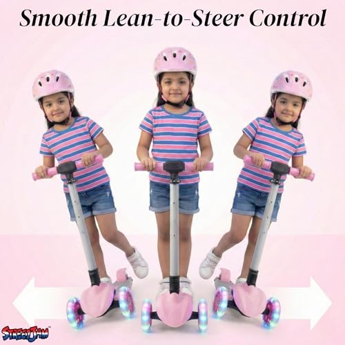Image of STREETJAM Zoltra LED Wheel Kids Kick Scooter 3-12 Years, LED Light Wheels, BIS Approved, Lean-to-Steer Control, Extra Wide Deck, Vibrant Two-Tone Design, Up to 50 kg Load (Baby Pink with Grey)
