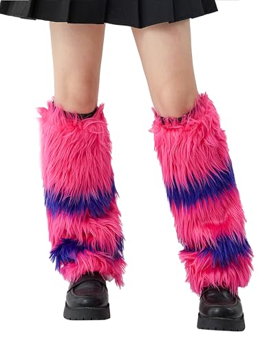 LYSINK Women Winter Faux Fur Leg Warmers Cozy Colorblock Long Tube Leg Coverings Cute Harajuku Lolita Leg Warmer (D-a-Purple Rose Red, One-Size)