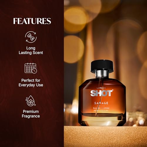 Image of Layer'r SHOT Savage Eau De Parfum for Men, 100ml | Long-lasting woody oriental fragrance with oud, cardamom, rose, pink pepper, labdanum & Peru balsam notes.