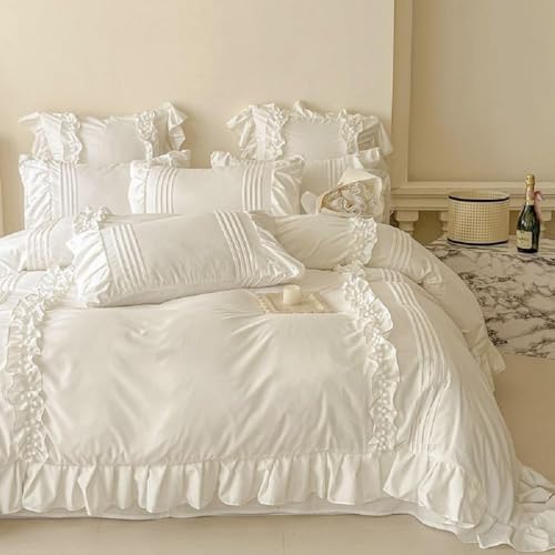 Sedefen Housse de Couette 220x240cm Blanc Volants Romantique Parure de Lit Feuille de Lotus 2 Personnes Adulte Housse Couette en Microfibre Avez Fermeture Éclair et 2...