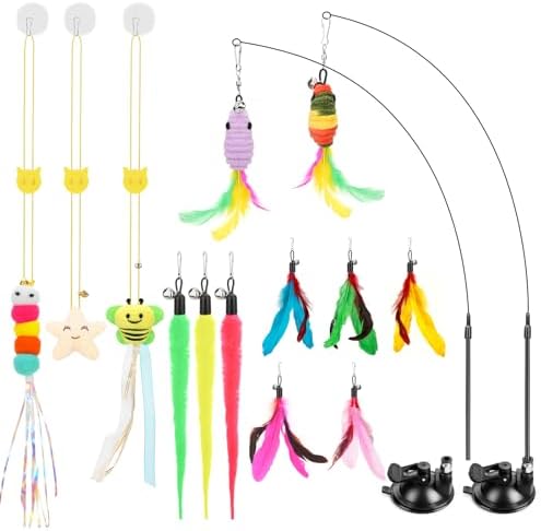Interactive Cat Toys, 15PCS Cat Wand and Feather Toys for Indoor Cats, Reusable Suction Cup Toys for Kittens Play Exercise (Suction Model)