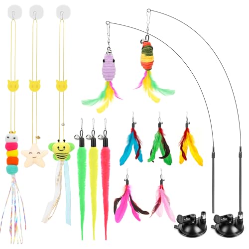 Atosun Interactive Cat Toys 15PCS Cat Wand and Feather Toys for Indoor Cats Reusable Suction Cup Toys for Kittens Play Exercise