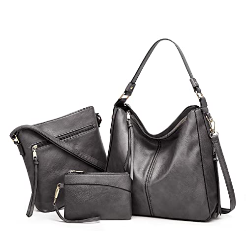 Pahajim Bolso y Cartera Conjunto Bolsos para Mujeres Bolso de Hombro de Cuero PU Bolso Grande Hobo Bolsas para Señoras Regalos para Niñas Bolsas de Compras, gris, Elegante