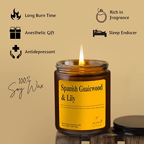 Image of AuraDecor Scented Jar Candle | Handpoured Soy Wax Candle with Long Lasting Burn Time | Premium Amber Jar Aromatherapy Candle | Ideal Gift for Home & Decor (Extra Large, Spanish Guwaicwood & Lily)
