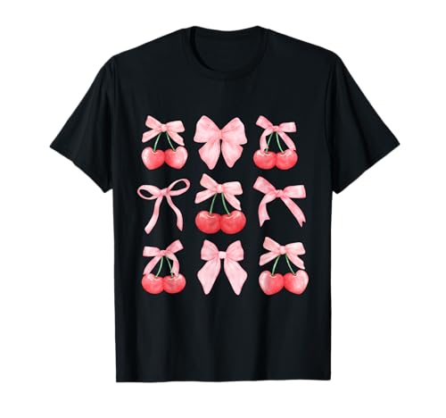 Coquette Aesthetic Pink Bow and Red Cherries Girls Kids Camiseta