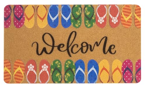 Summer Welcome Mats for Front Door, Indoor, Outdoor, Entryway, Faux-Coir Funny Beach Door Mat 17x30, Non-Slip Dirt-Trapping Front-Porch-Rug for Garden, Patio, Backyard