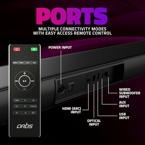 Image of Artis SoundHub 410 320W 2.1Channel Wireless Bluetooth Sound bar & Wireless Subwoofer, 3 EQ Presets, 4 Driver Units & Input Modes: Bluetooth /HDMI(ARC) / AUX in /COAXIAL /Optical /USB Input