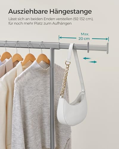 SONGMICS Kleiderständer auf Rollen, Schwerlast-Garderobenständer, ausziehbare Kleiderstange, bis 100 kg belastbar, einfache Montage, transportabel, taubengrau HSR013G01