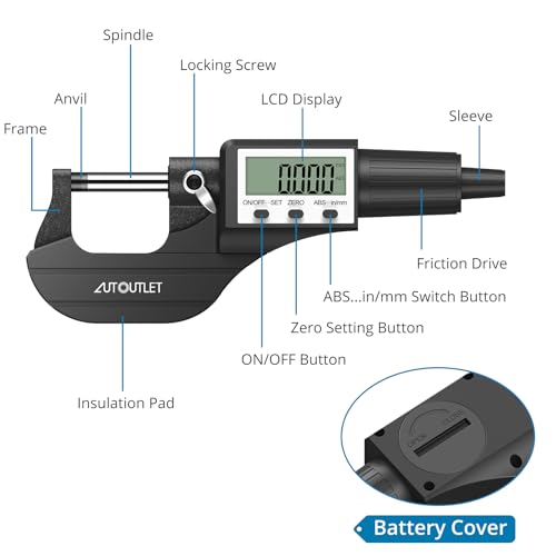 AUTOUTLET Micrometer Digitale Bügelmessschraube 0-25mm/ 0.001mm, Hohe Präzision LCD Digitale Mikrometer Mikrometerschieber Länge Messwerkzeug Mikrometer 0.001mm(0.00005\)-Schwarz