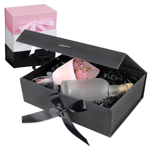 Geschenkbox Geburtstag mit Deckel Schleife, 21x17 x7 cm Magnetische Geschenkboxen, Geschenk Box Geschenk Verpackungsbox Geschenkbox für Geburtstag Hochzeit Feiertag (Schwarz)