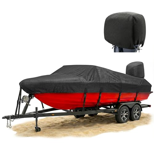 FOCEAN 1200D Boat Covers 16-18ft, Waterproof Heavy Duty Marine Tarp Black Cover, Fits Bass, V-Hull, Tri-Hull, Runabout & Fish Ski Boats with Storage Bag