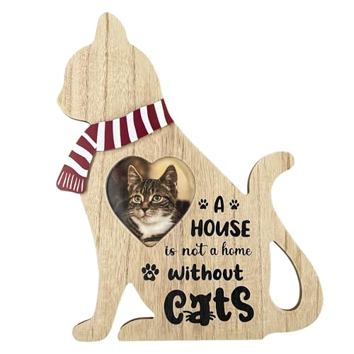 Lily's Home Cat-Shaped Wooden Photo Frame | 7.5" x 11.8" Heart Slot | Easel Stand & Decorative Ribbon | Pet Memorial Gift for Dog & Cat Lovers | Rustic Home Decor & Pet Photo Display