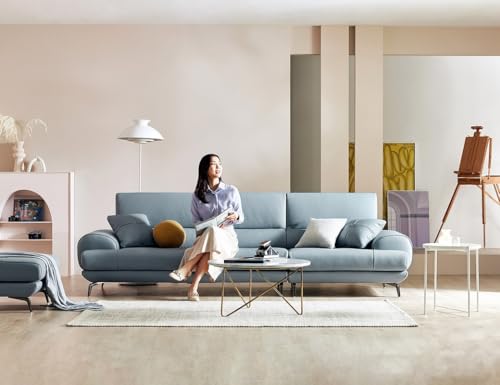 Image of Fabrique Meraki Leatherette 4 Seater with Puffy Moden Design Blue Sofa Set with Moveable Headrest | Comfortable Furniture for Home Office & Living Room | Easy to Move with Stainless Steel Legs