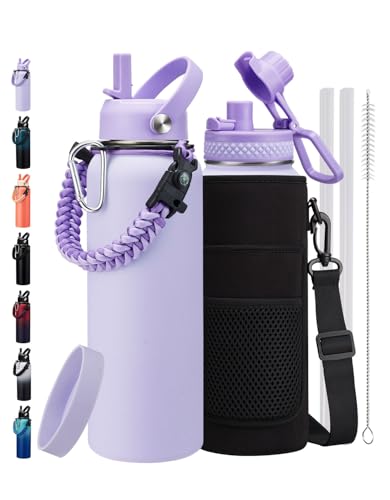 Image of 40 oz Insulated Water Bottles with Straw - Paracord Handle & Strap Carrier, 40 oz Metal Flask Keep Cold 48Hrs, Vacuum Thermal Jug with Sling Bag for Sports Hiking Cycling Running