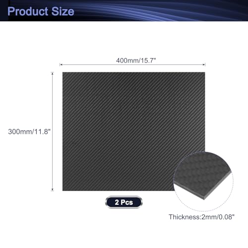 QUARKZMAN 2 Stück 3K Carbon Fiber Plate Panel Sheets, 400 x 300 x 2mm Carbon Fiber Board Plate Flexible für RC Flugzeug, Modellauto, Auto Teile (Twill Matte)