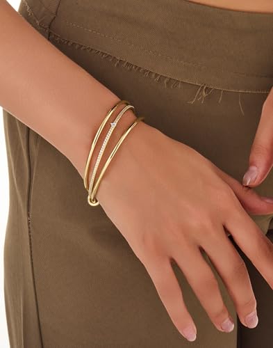 Stackable Bangle Bracelets for Women 14K Gold Plated Triple Interlocked Bangle Stainless Steel Bracelets Classic Plain Non-Tarnish Jewelry Gift for Women