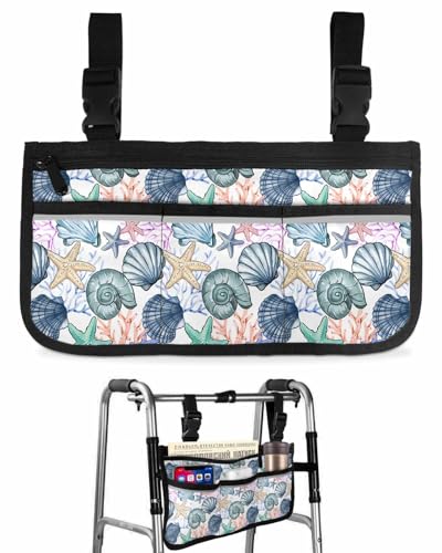 Anzona Coastal Shell Wheelchair Side Bag Walker Bag, Summer Beach Coral Starfish Ocean Wheelchair Accessories Armrest Pouch, Organizer Storage Bag for Walkers, Rollators, Scooters, 7.3''x13''
