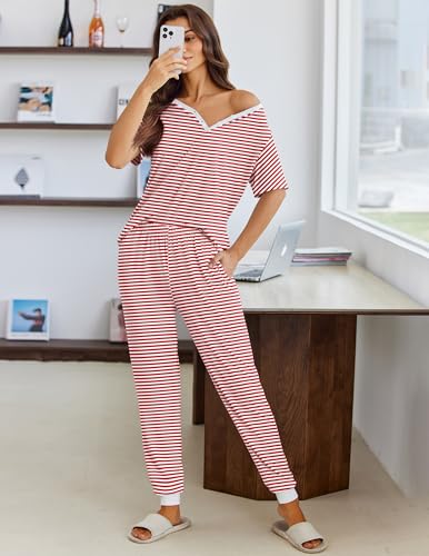Image of Ekouaer Pajamas for Women Set 2 Piece Fall Lounge Sets Short Sleeve Pjs Joggers Long Pants Sleepwear with Pockets