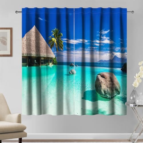Kzzfqxb Rideaux 107x160cm 2 Panneaux, Motif Palmier Eau de mer limpide ondulations claires Pierres...