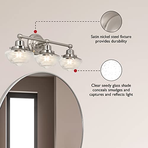 Image of Design House Vintage-Inspired Schoolhouse 3-Light Dimmable Vanity Light, 23.125 in x 7.625 in x 9.5 in, Satin Nickel, Clear Seeded Glass Shades, 589143-SN