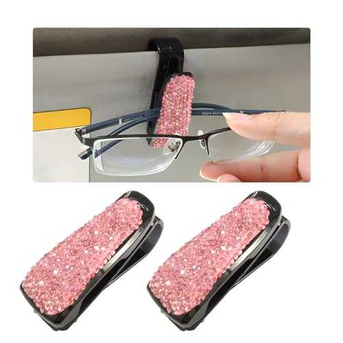 Wevdn 2 PCS Car Sun Visor Glasses Holder, Fashion Bling Car Eyeglasses Sunglasses Hanger for Women Girls, Glasses Holder Clip Hanger Mount with Ticket Card Clip, Car Accessories (Pink)