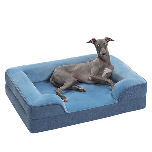 PAWZ Road Cama para perros de tamaño mediano, lavable, ortopédica con funda de franela extraíble y cremallera, sofá para perros medianos, cama impermeable de 2 capas, azul, 71 x 58 x 16 cm