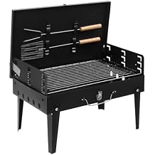 Portable Square Charcoal Grill, Outdoor Foldable BBQ Grill with Barbecue Accessories & Lid for Cooking Camping Picnic Hiking Beach Party Patio Smokers, Height Adjustable for 3 to 5 People