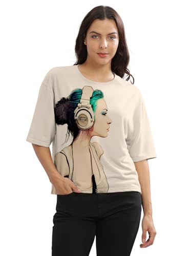 Image of HELLCAT Beige Printed Loose Fit Crew-Neck Crop T-Shirt for Women