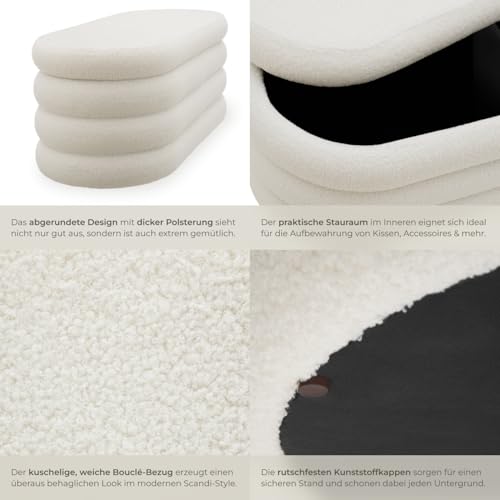 tectake® Sitzbank mit Stauraum, Sitzhocker, Hocker mit Stauraum, Stoff, Pouf, Polsterhocker, Sitztruhe, Truhe mit Deckel, Truhenbank mit Stauraum, Möbel für Wohnzimmer, 110x45x42cm - Bouclé créme-weiß