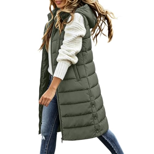 Image of fur jackets for women - Gilet for Women UK Long Puffer Coats Padded Quilted Gilet with Pockets Full Zip Hooded Vest Winter Down Jackets Ladies Sleeveless Plus Size Waistcoat Casual Outerwear