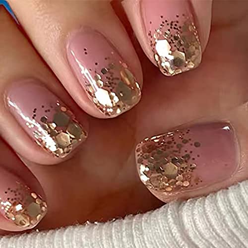 YOSOMK Short Press on Nails Pink Square Fake Nails with Gold Sequins Designs Glossy Stick on Nails Full Cover False Nails Acrylic Nails for Women