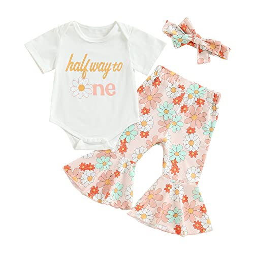 Image of Toddler Baby Girls Birthday Outfits Letter Tassel Shirt Donut Cake Floral Flared Long Pants Headband 3Pcs Summer Set