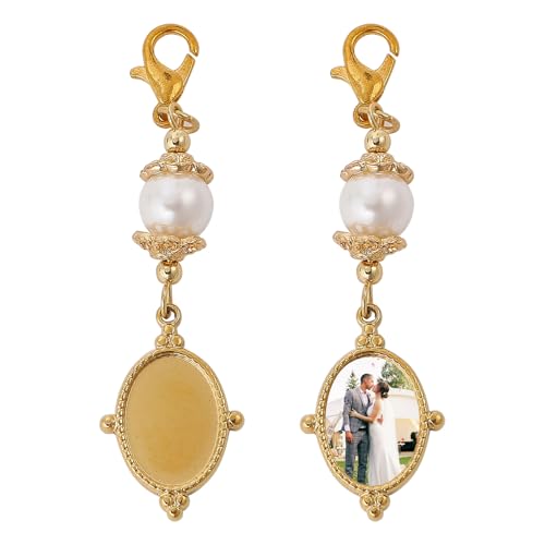 CHGCRAFT 2Pcs Wedding Bouquet Charm Ellipse Stainless Steel Gold Memorial Photo Pendant with Freshwater Pearl and Necklace Boxes for Wedding Bridal Shower Party Decor