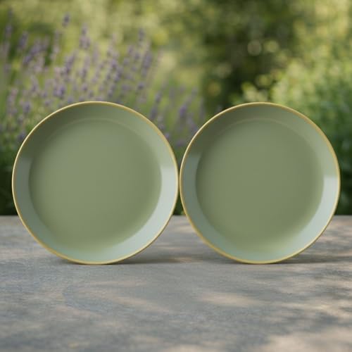 Image of Freakway Pista Green Stoneware Premium Reactive Glaze Dinner Plates with Gold Rim - 10.6 Inch, Sage Green, Set of 2 | Scratch Resistant & Microwave Safe