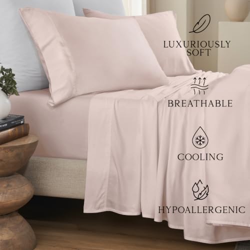 Image of KARISSA MAE Luxury Bamboo Viscose Split King Size Sheet Set, FSC Certified | Includes 2 Twin XL Fitted Sheets | Sleep Number & Adjustable Bed | Cooling | 18 inch Deep Pocket w / Corner Straps [Pink Peony]