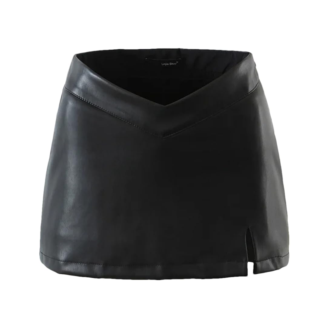 Falda corta de cuero para mujer, color negro, sexy, con abertura, delgada, cintura alta, acampanada, mini faldas