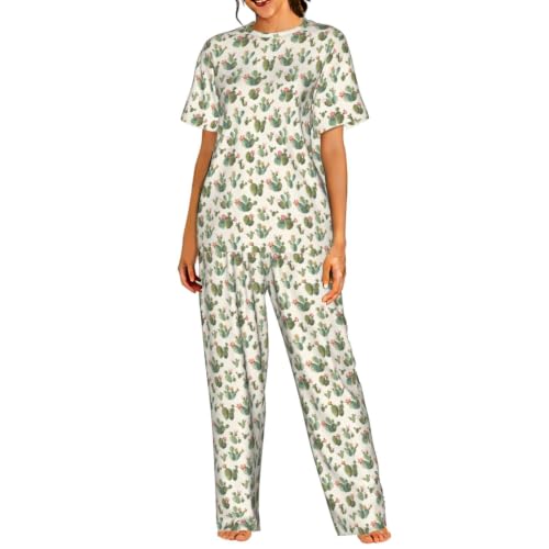 Ensemble de pyjama manches courtes femme imprimé cactus : vêtement de nuit doux
