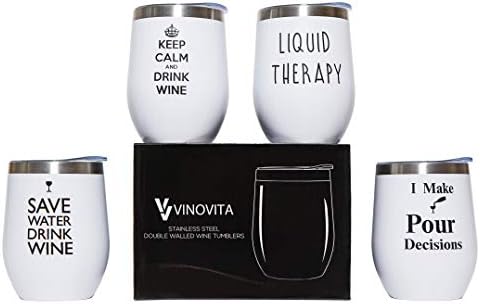 VINOVITA Funny Wine Glasses (Set of 4) with Straws and Brushes – Double-Wall Insulated Stainless Steel Tumbler – Great Gift for Birthday, Mother’s Day, Anniversary – 12 oz