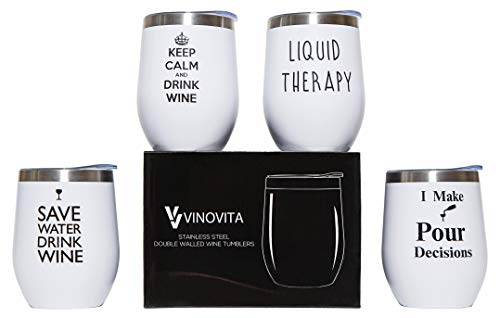 Vinovita Funny Wine Glasses (Set Of 4) With Straws And Brushes – Double-Wall Insulated Stainless Steel Tumbler – Great Gift For Birthday, Mother’s Day, Anniversary – 12 Oz #TOP13