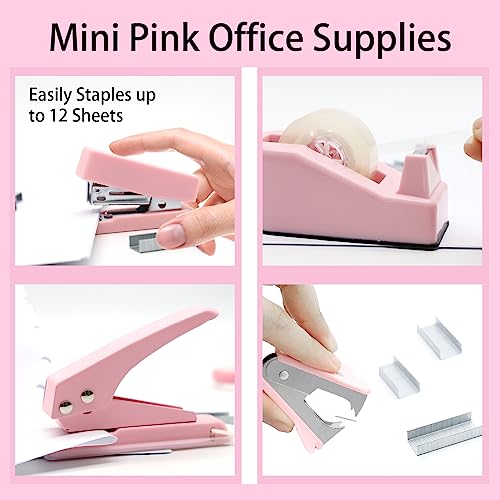 Mini material de escritório rosa, acessórios de mesa UPIHO Pink, conjunto de mini grampeador e dispe