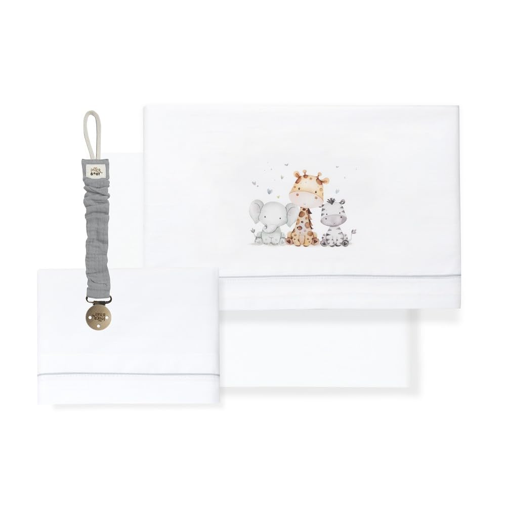 mibebestore Sabanas 100% Algodón Cuna 60X120 - Modelo 01 Color Blanco/Gris- (Bajera+encimera+Funda Almohada) - Ideales para Verano. Hechas en España
