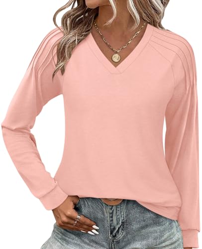 Syellowafter Womens Sweatshirt V Neck Pleated Long Sleeve Shirts Casual Lightweight Tunic Tops Loose Fit Pullover Pink