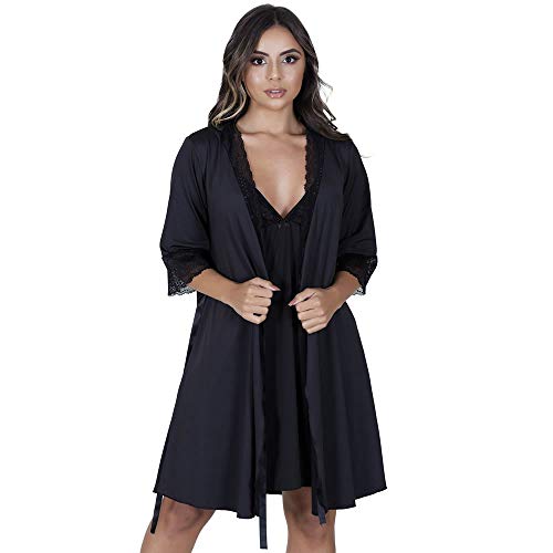 Camisola Amamentação com Robe em Microfibra e Renda - VF46-45