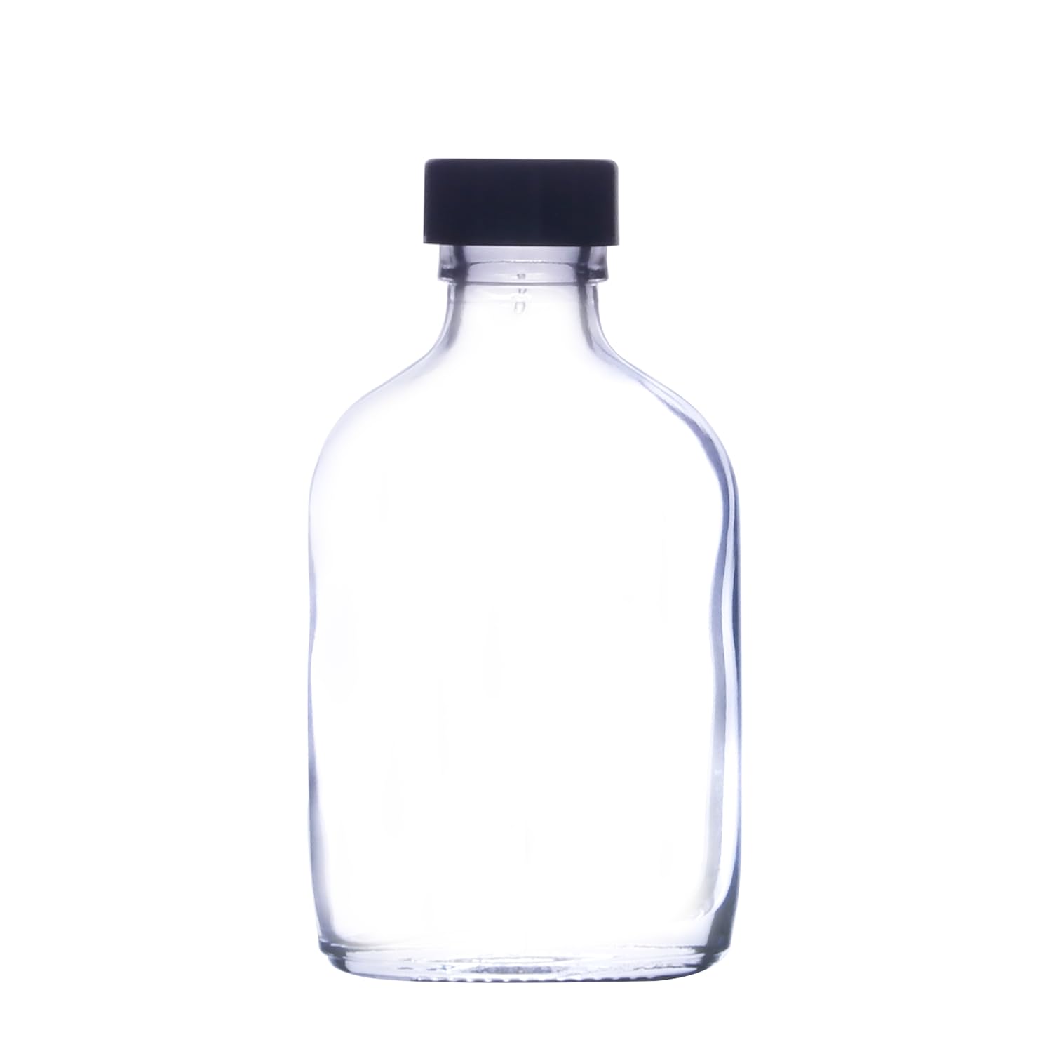 Small Glass Bottles Flask (50ml) with Caps - Perfect for Weddings - Mini Hip Flask Style (Black Plastic Lid, Pack of 70)