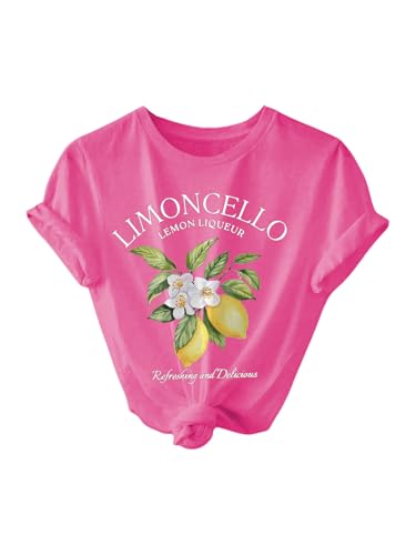 SweatyRocks Women's Letter Fruit Printed Lemon Graphic Tees Short Sleeve Casual T-Shirt Hot Pink Small