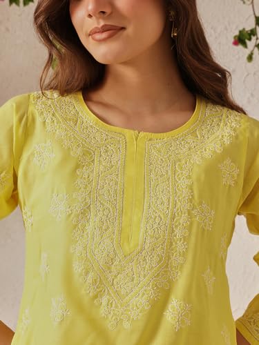 Image of Ada Hand Embroidered Lucknow Chikankari Straight Round Neck Cotton Blend Short Kurti Tunic Top for Women A911333